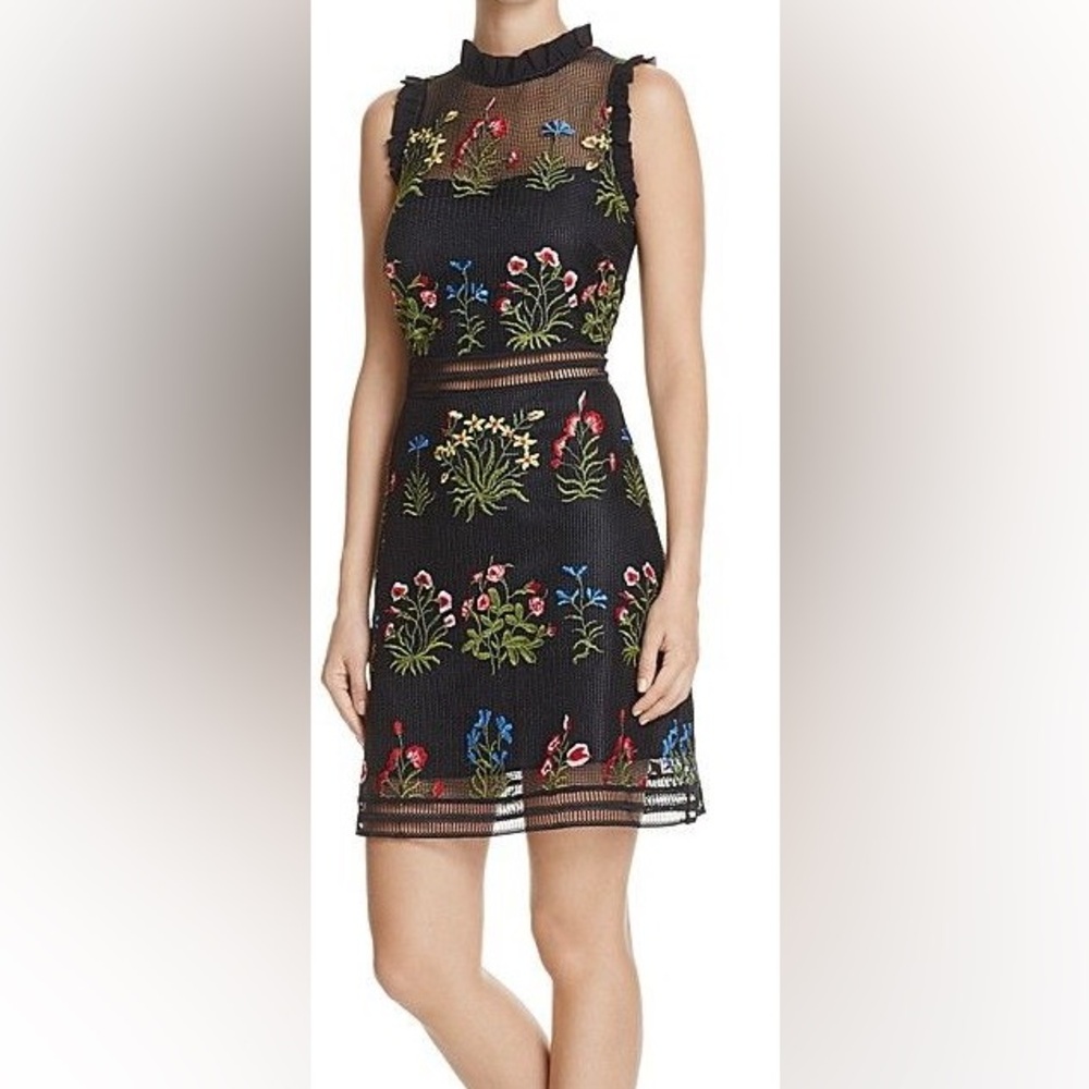 Lucy Paris Gabby Embellished Mesh Floral Embroidered Black Dress